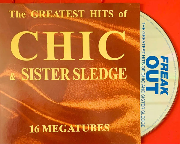 The greatest hits of chic & sister sledge cd album cover with golden-yellow title and orange textured background showing the freak out disc