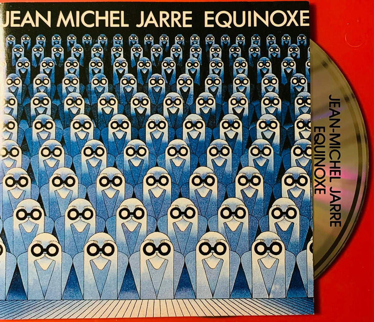 Jean-michel jarre equinoxe original cd album cover with striking blue and white graphic of stylized figures in rows