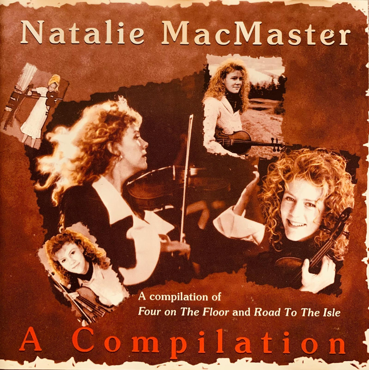 Brown album cover for natalie macmaster original cd featuring a sepia collage of her playing violins and holding instruments