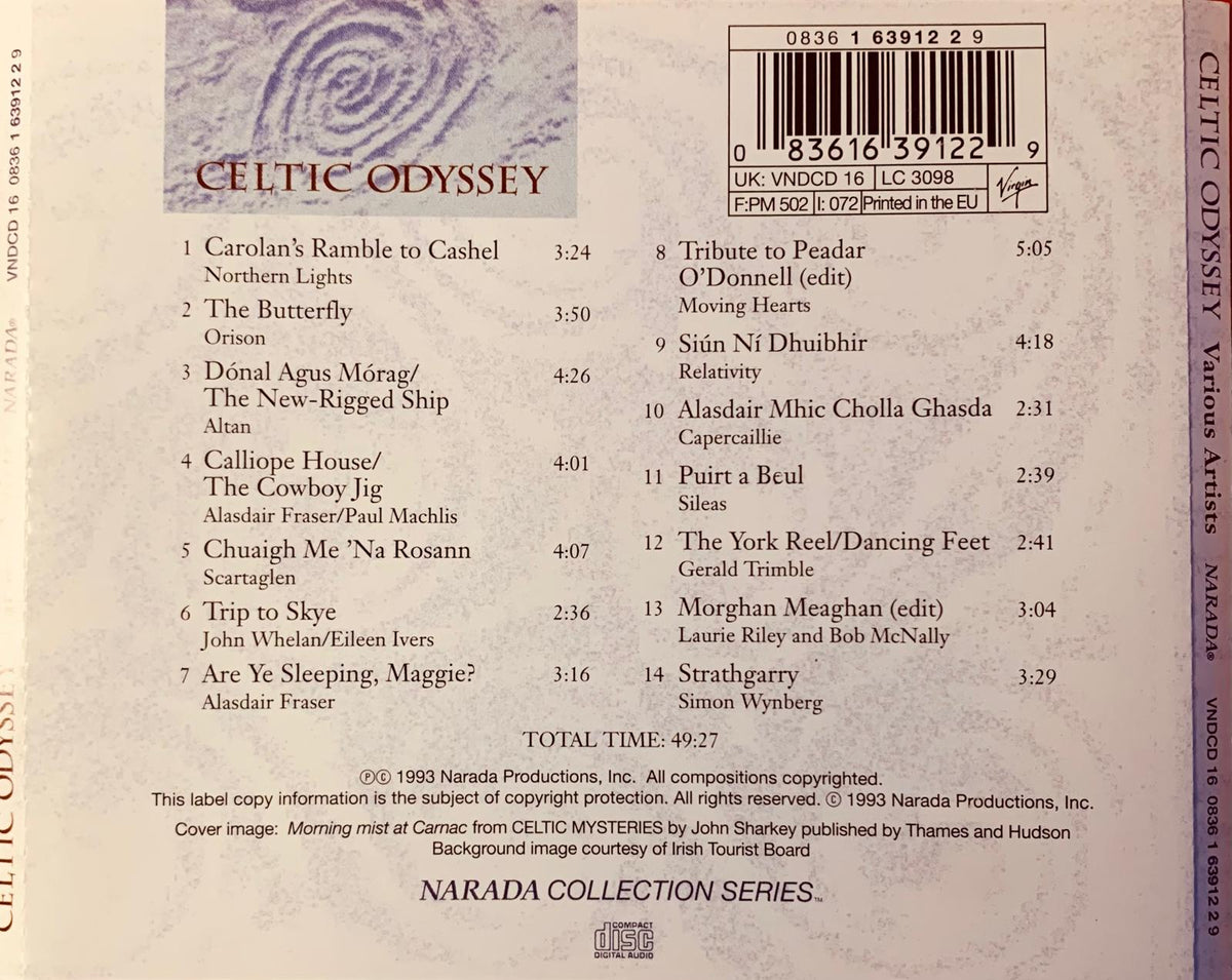 Various artists celtic odyssey original cd back cover with textured swirling design in muted tones and tracklist displayed