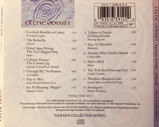 Various artists celtic odyssey original cd back cover with textured swirling design in muted tones and tracklist displayed