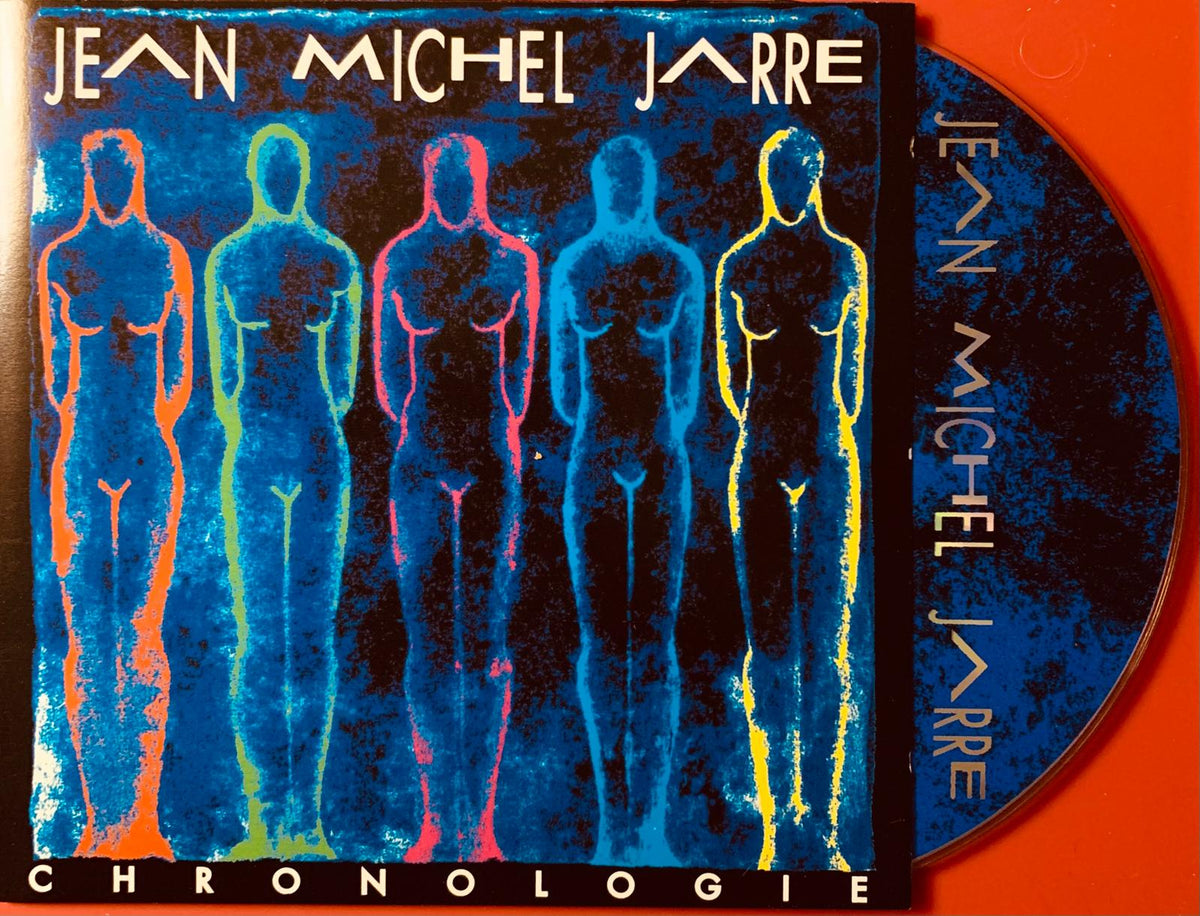 Cd cover of jean michel jarre chronologie album featuring five glowing neon human silhouettes on deep blue background
