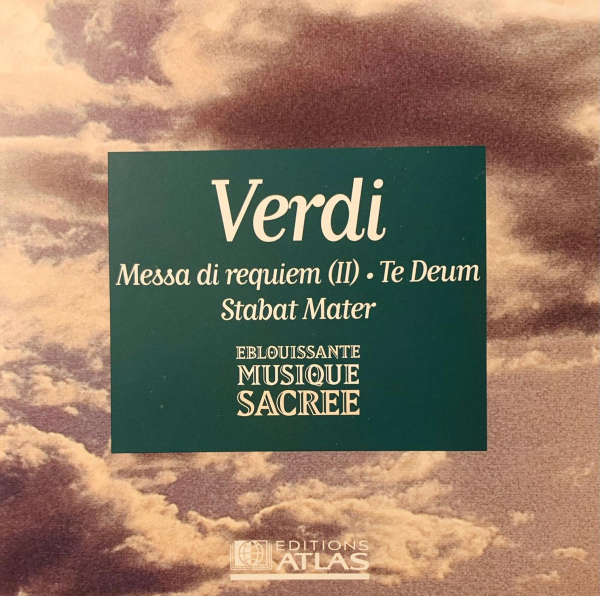 Dark green album cover with white text for Verdi and track titles against a sepia cloud background on cd product