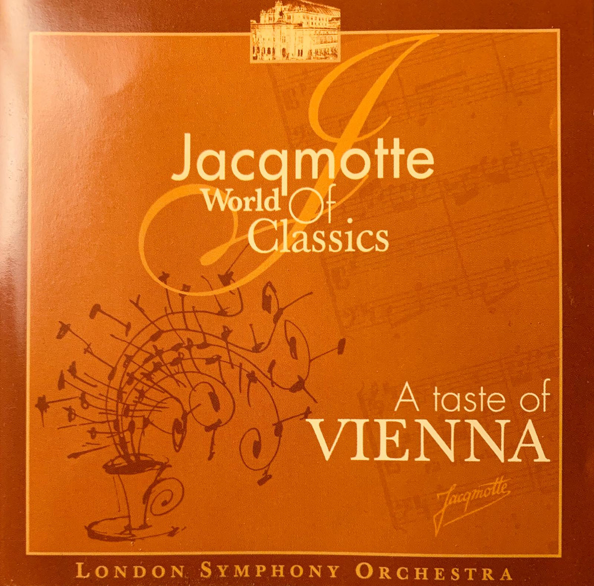 Orange cd album cover for london symphony orchestra jacqmotte world of classics with musical notes from coffee cup illustration