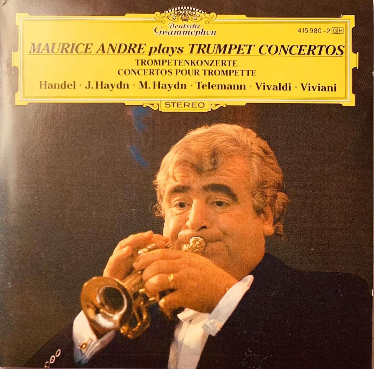 Maurice andré playing a golden trumpet on a deutsche grammophon album cover for MAURICE ANDRÉ Plays Trumpet Concertos CD
