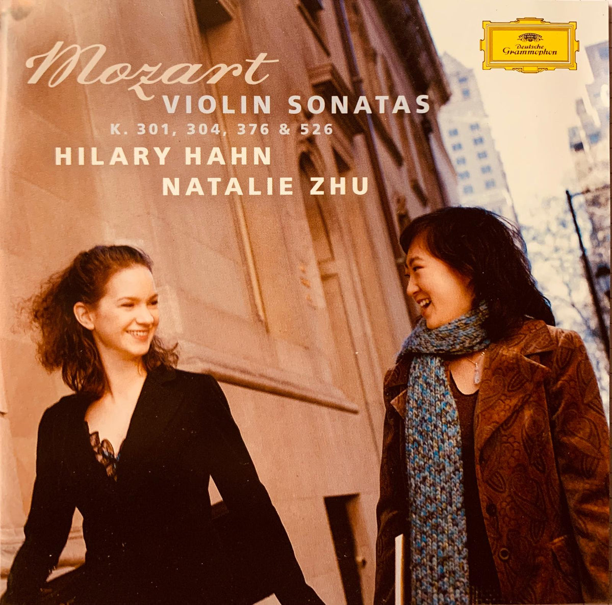Gramophone record cover showing two women smiling outdoors for mozart violin sonatas by hilary hahn and natalie zhu