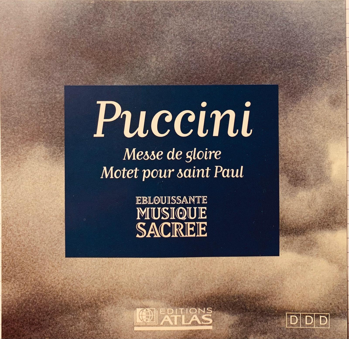 Dark blue cd album cover with gold lettering featuring puccini messe de gloire motet pour saint paul on textured sepia background