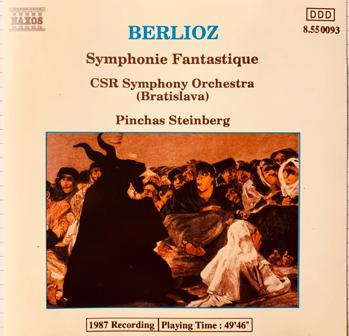 The cd album cover for berlioz symphonie fantastique features a dark horned figure against a warm-toned audience