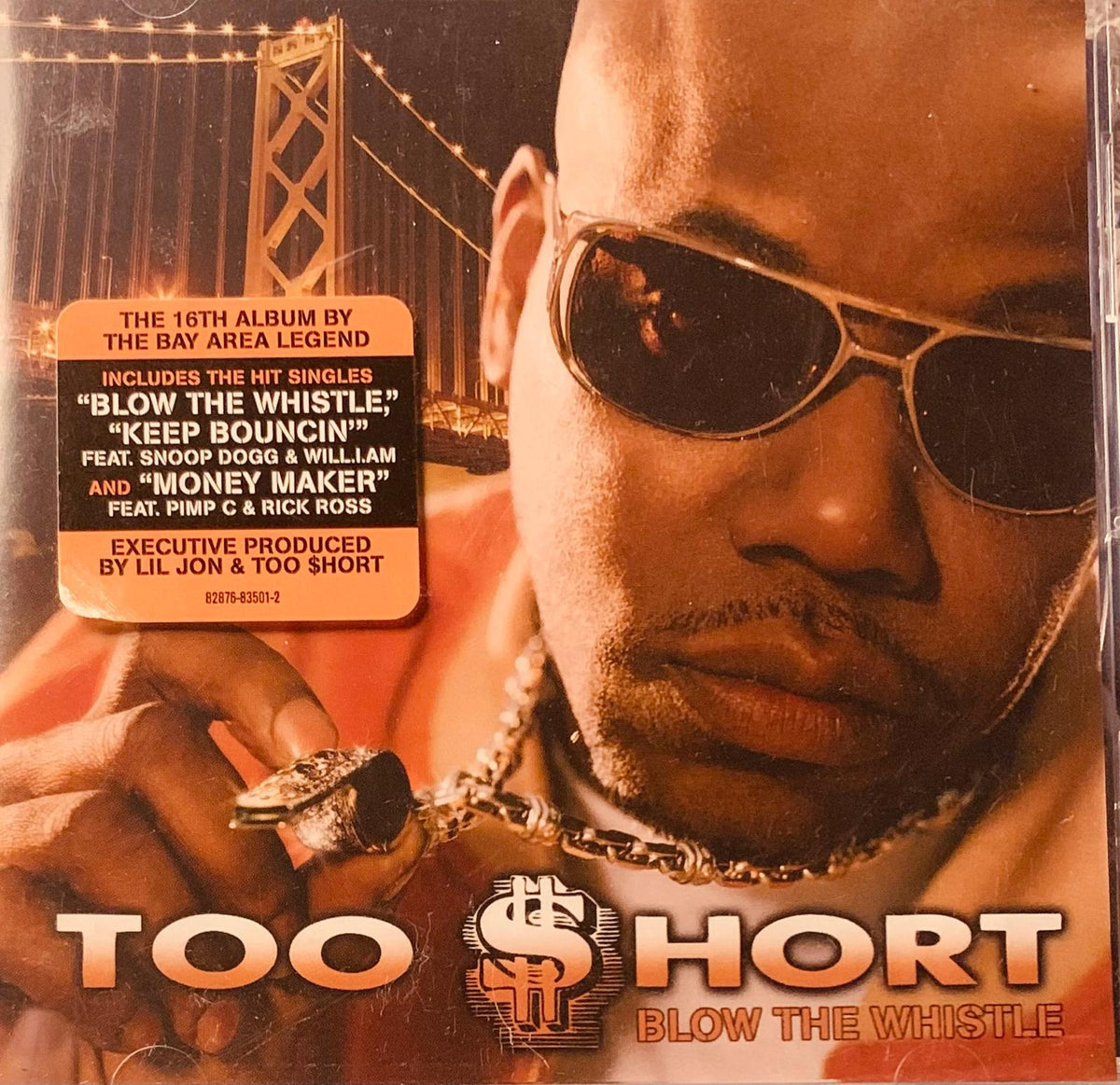 Too $hort blow the whistle original cd cover showing close-up portrait with dark sunglasses orange shirt and silver chain