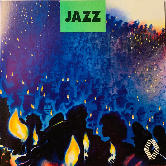 Vibrant blue and orange jazz compilation cd cover with silhouetted crowd and glowing flames by various artists