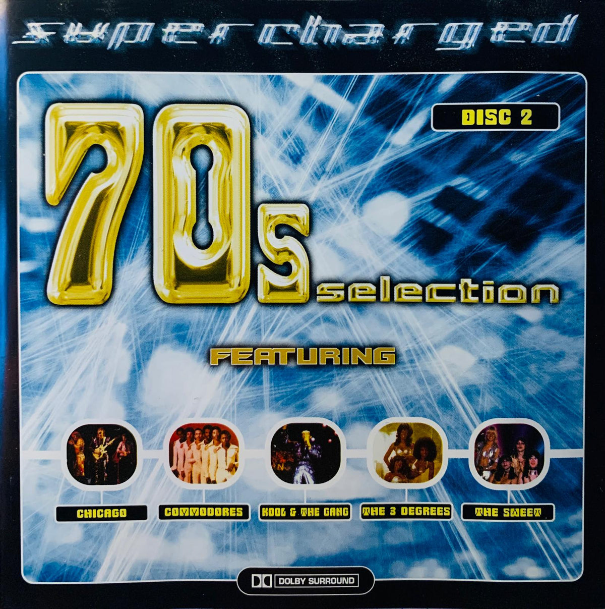 Gold-colored three-dimensional 70s selection text on blue and white abstract background for supercharged 70s cd