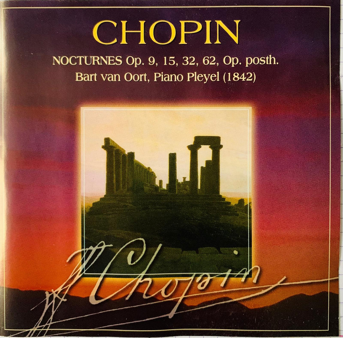 Bart van oort chopin nocturnes cd album cover with ancient stone columns against a gradient sunset sky