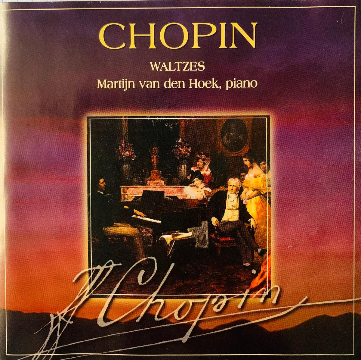 Vintage-style cd cover for martijn van den hoek chopin waltzes with gold lettering on purple and orange background
