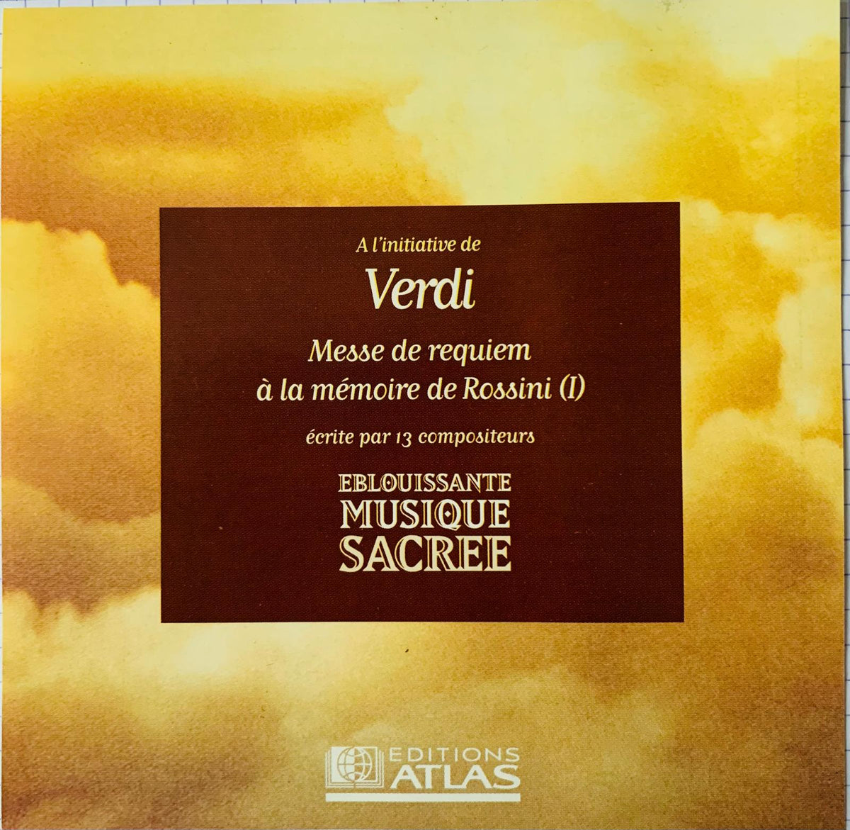 Dark brown cd album cover for various artists verdi messe de requiem with gold text and golden cloudy background