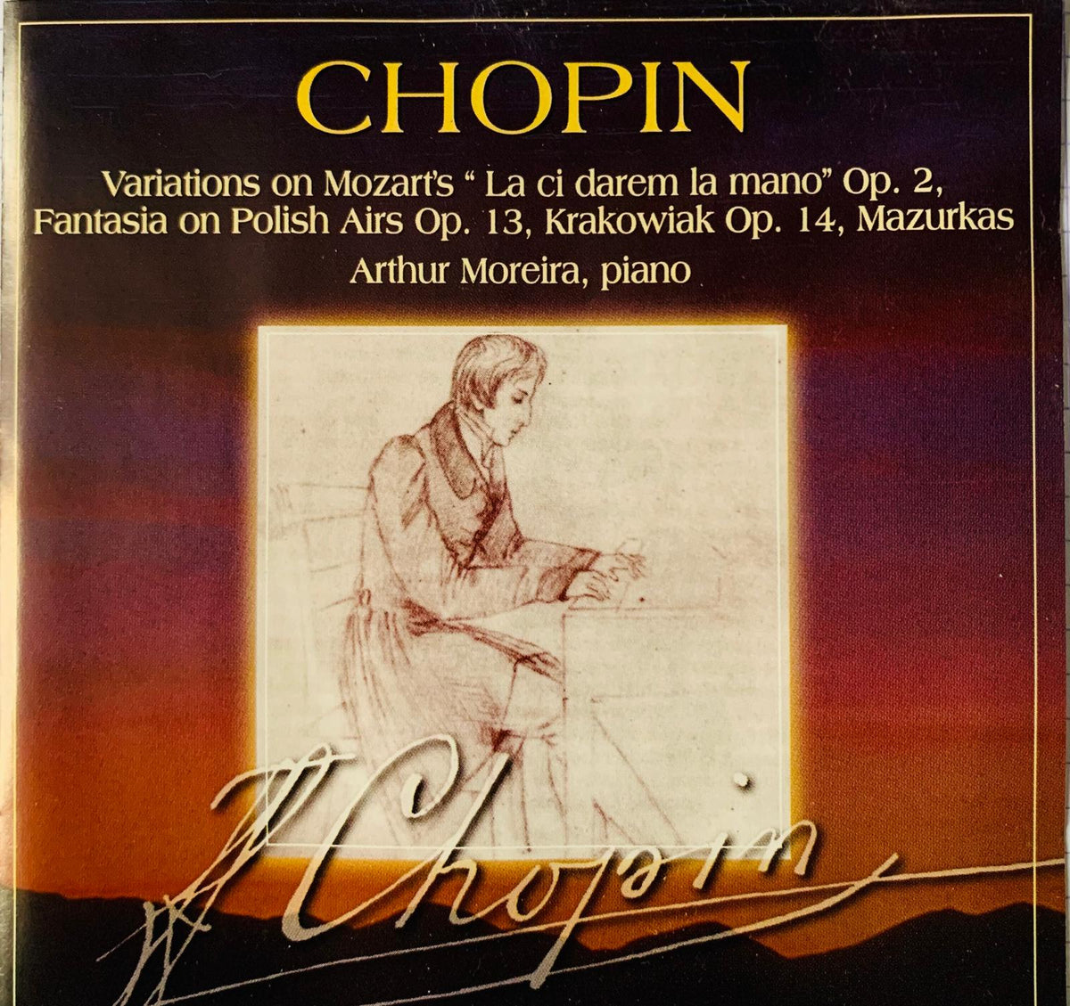 Classical music cd cover featuring arthur moreira with sepia illustration of chopin on gradient background for variations
