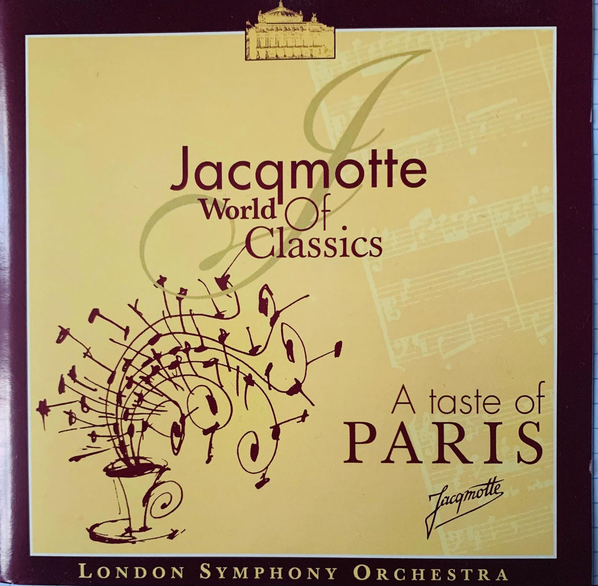 Cd album cover for Jacqmotte world of classics a taste of Paris featuring musical notes rising from a coffee cup on yellow background