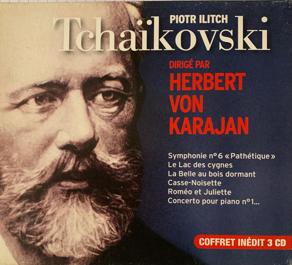 Sepia-toned portrait of pyotr ilyich tchaikovsky on herbert von karajan 3cd album cover featuring symphonies and concertos