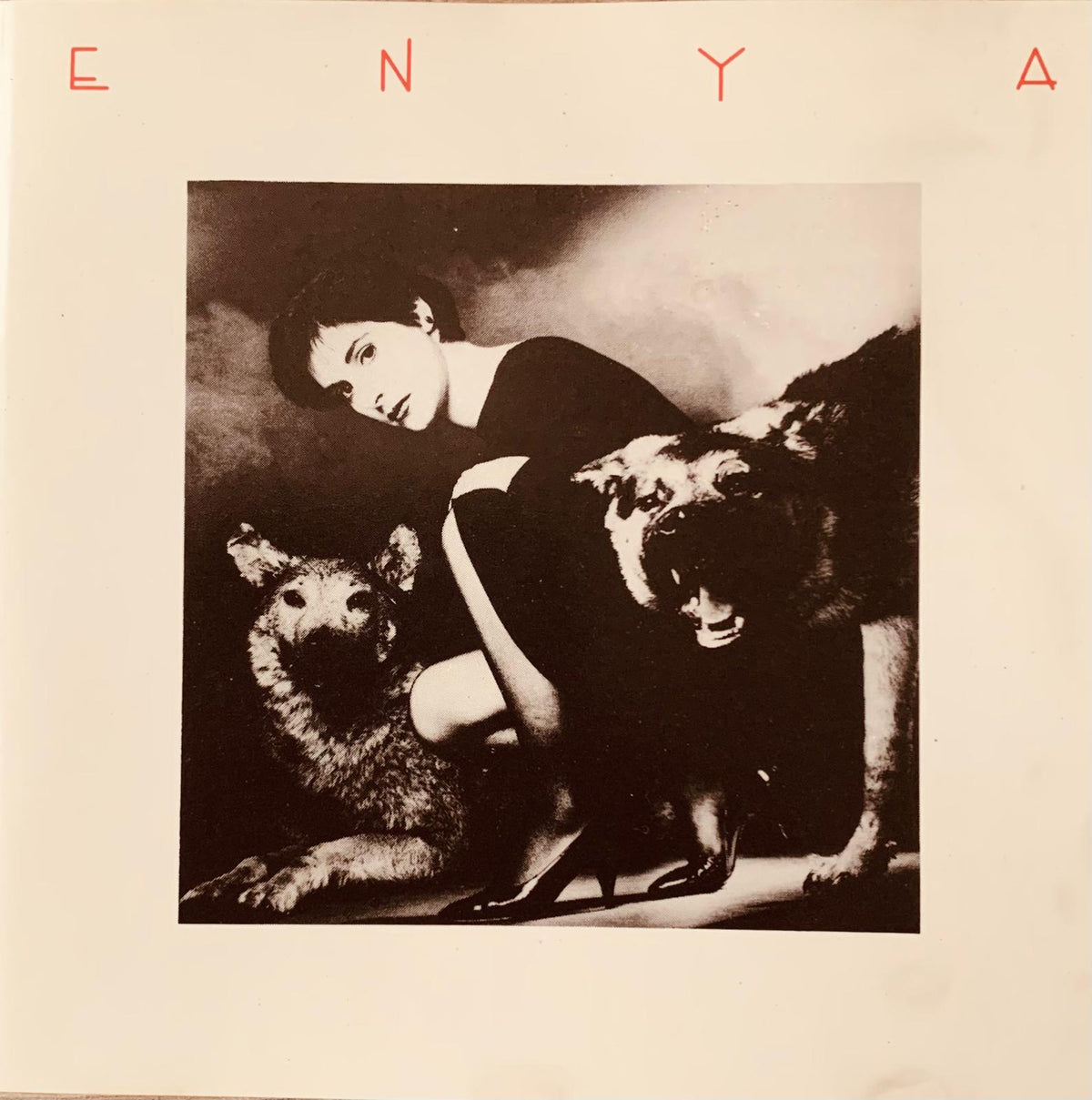 Black-and-white album cover of enya reclining in a dark dress with white stripes beside two dogs for original cd