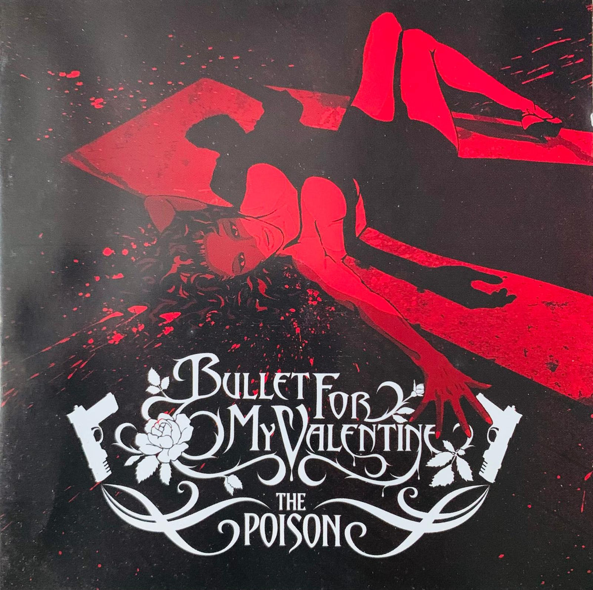 Black vinyl record album cover with stylized woman in red and black and bullet for my valentine the poison text in white