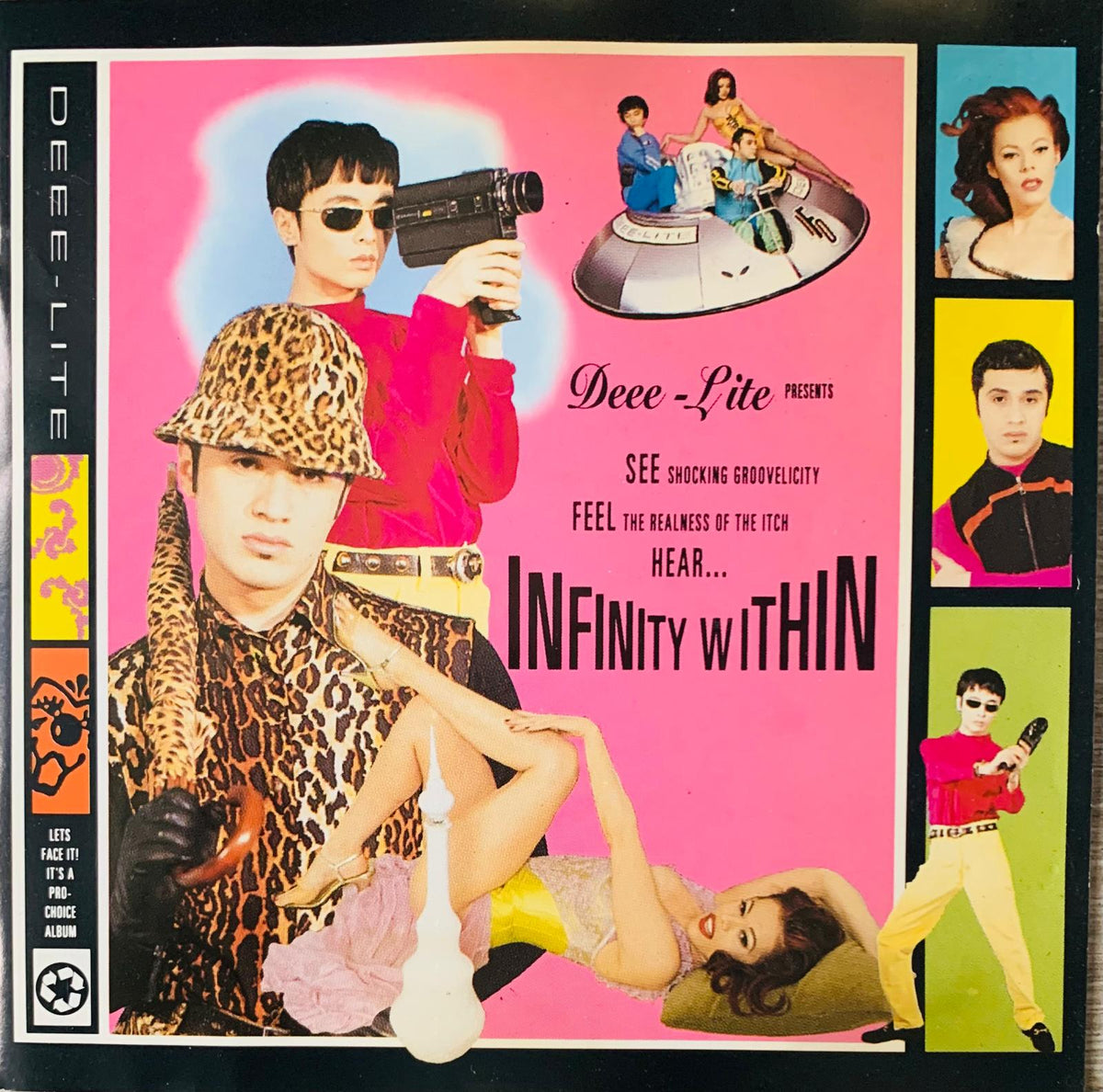 Vibrant pink DEEE-LITE Infinity Within original CD cover with bold black text, leopard-print hat, sunglasses, and vintage camera