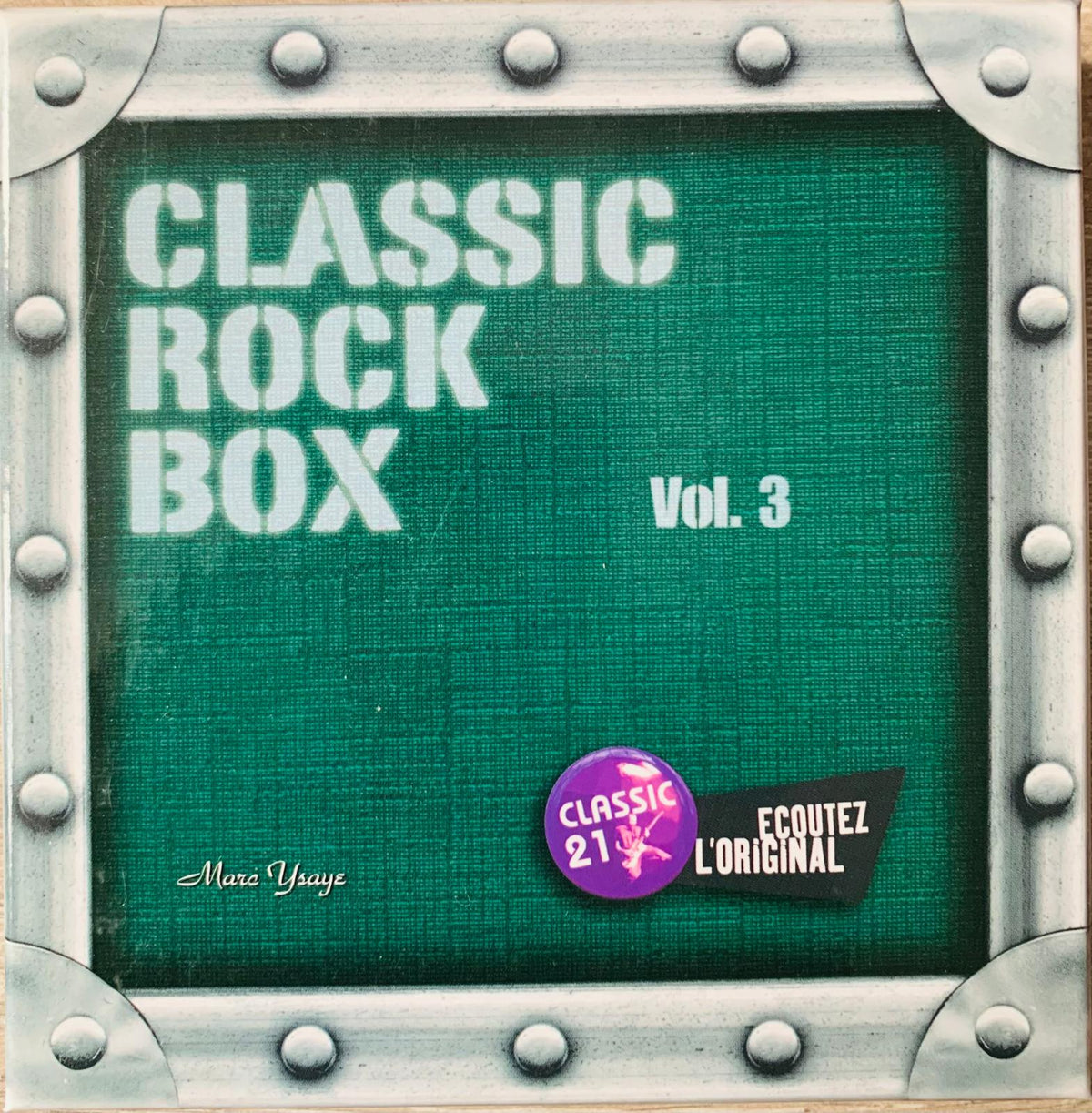 Green textured classic rock CD album cover with metallic riveted frame and white text for various artists volume 3