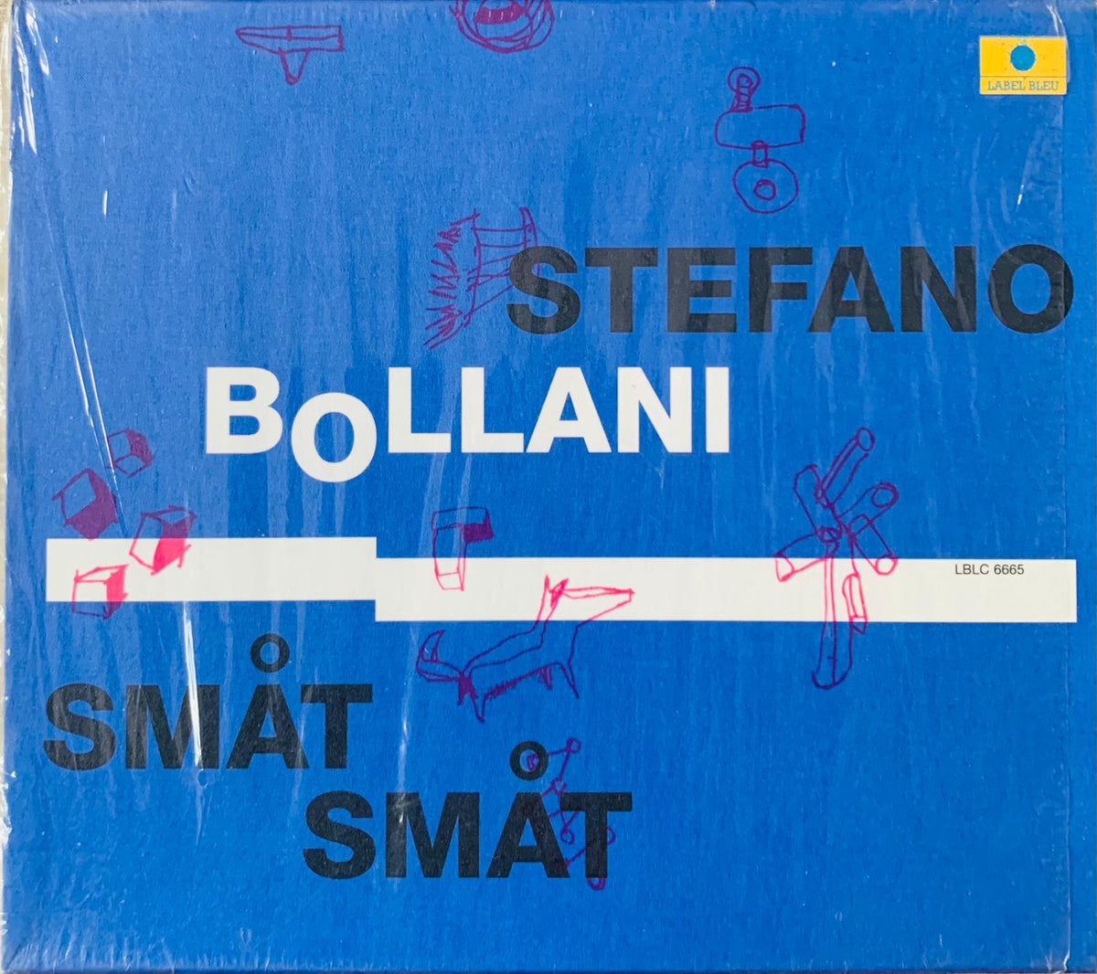 Blue vinyl record album cover featuring artist stefano bollani and title smat smat with pink minimalist line drawings