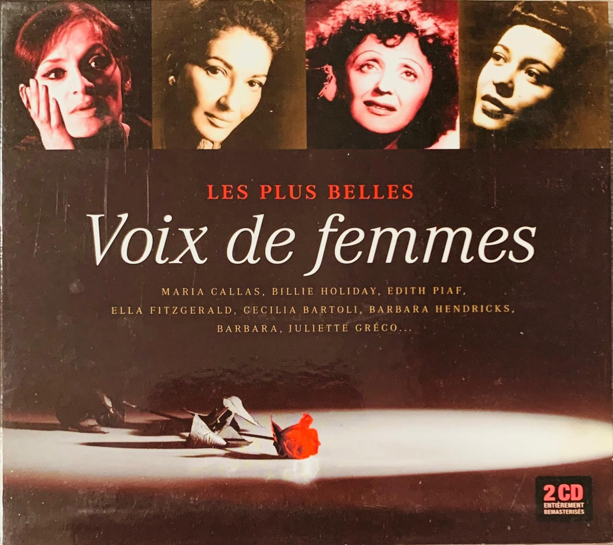 The album cover for various artists les plus belles voix de femmes cd shows a red rose on a reflective surface below four women portraits
