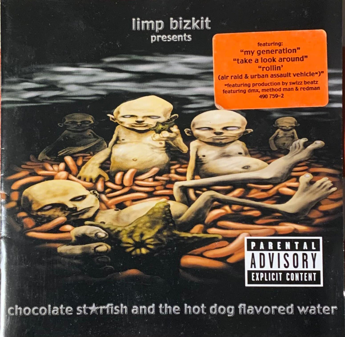 Album cover of Limp Bizkit chocolate starfish and the hot dog flavored water CD featuring dark pale figures with hot dogs