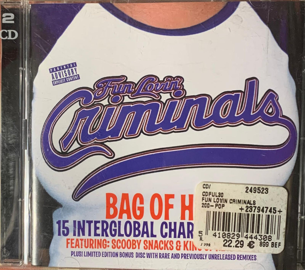 White and purple baseball style t-shirt graphic cd cover for fun lovin criminals album bag of h 2cd original release