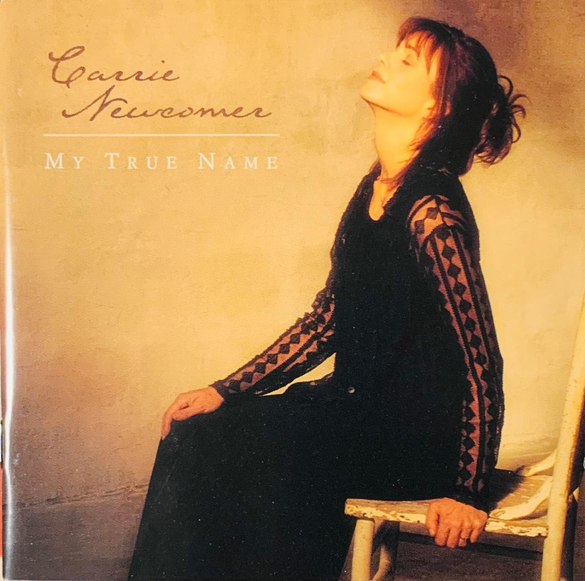 Black lace-sleeved dress with subtle geometric pattern featured on carrie newcomer my true name original cd cover