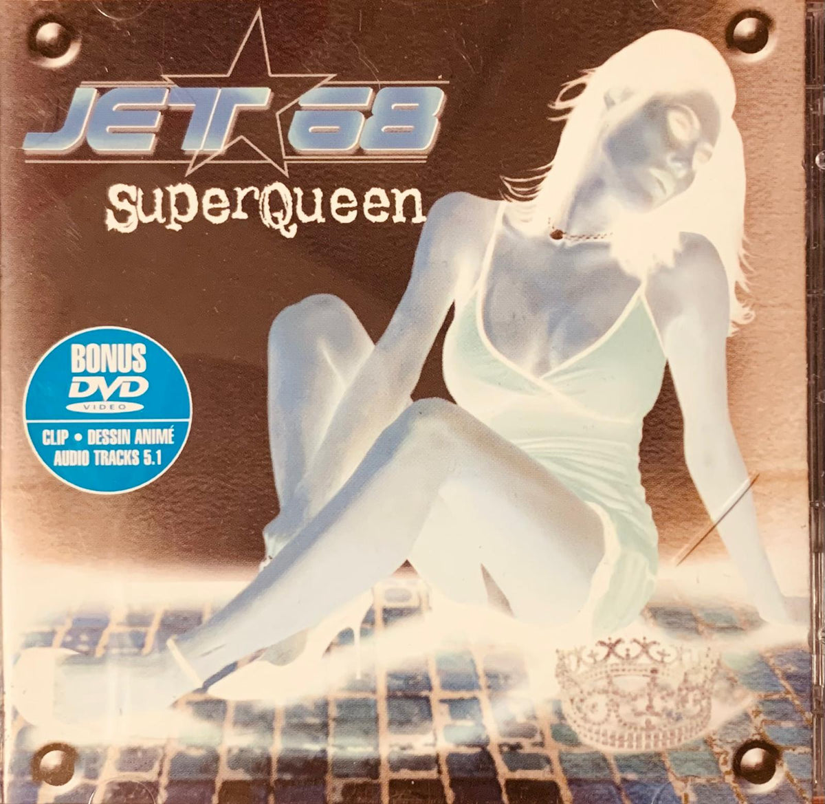 Jet 68 superqueen bonus dvd video album cover with illustration of woman in light blue lingerie sitting on tiled floor with crown