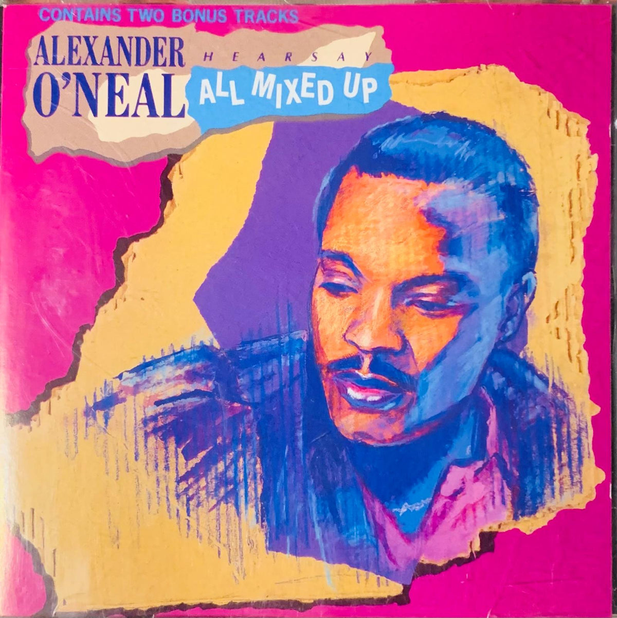 Vibrant pink and yellow cd album cover of alexander o neal with stylized portrait and two bonus tracks titled all mixed up