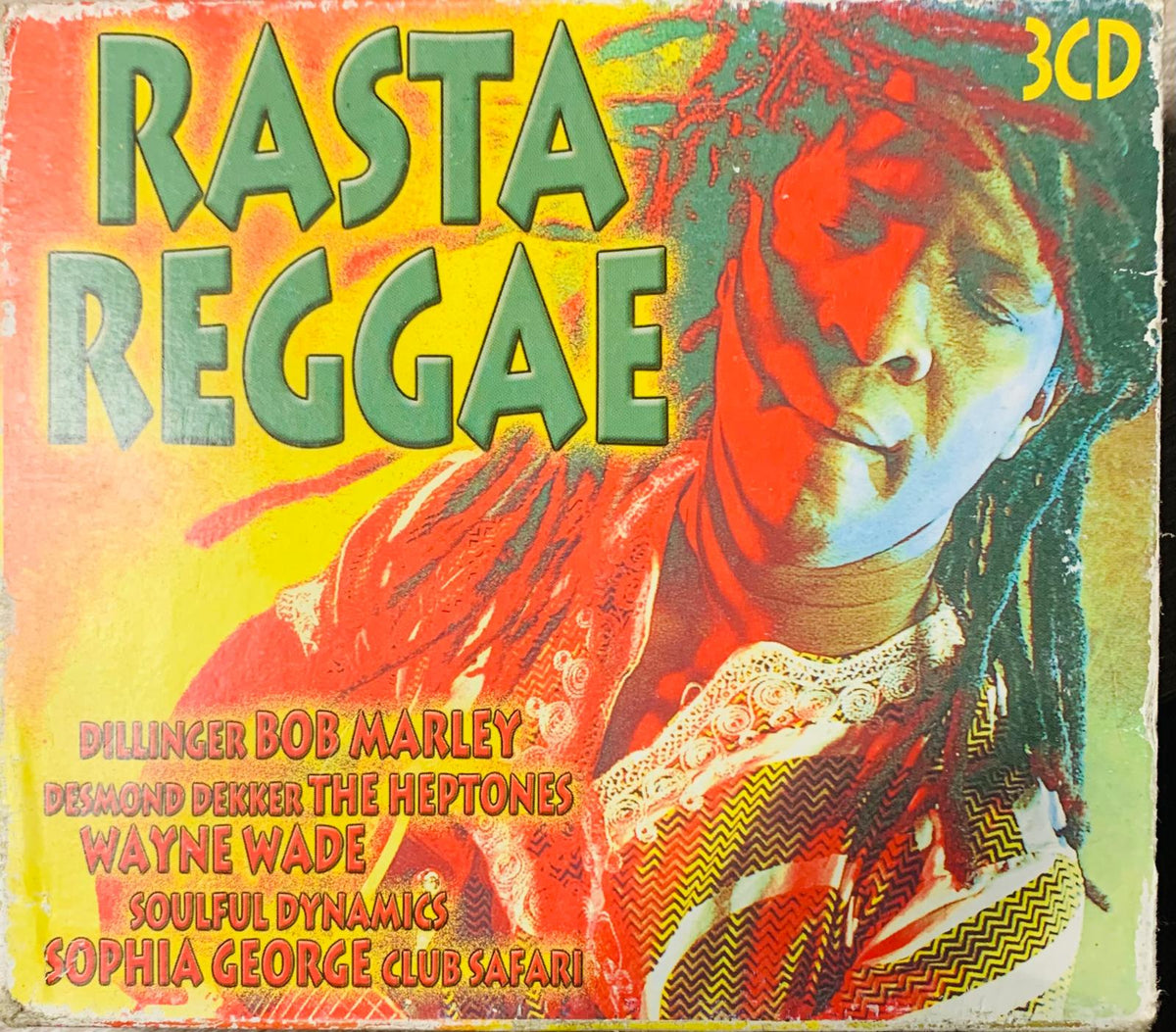 Vibrant psychedelic album cover for Rasta Reggae 3CD featuring person with dreadlocks in red and green hues