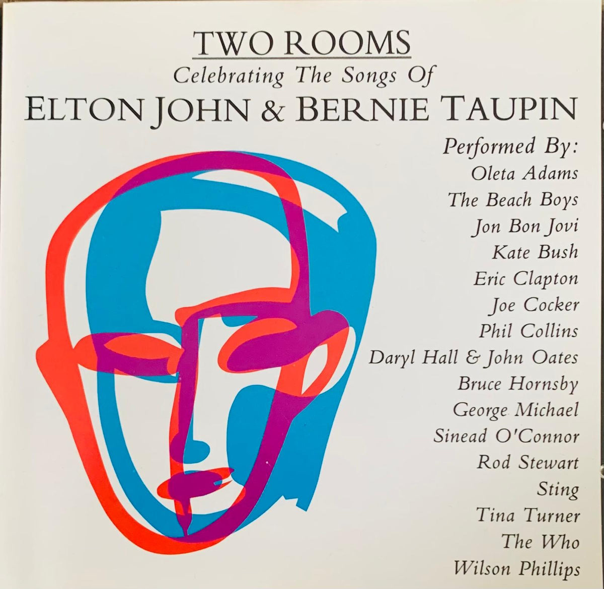 Vibrant abstract face illustration in red blue and magenta on white album cover for Various Artists Two Rooms CD