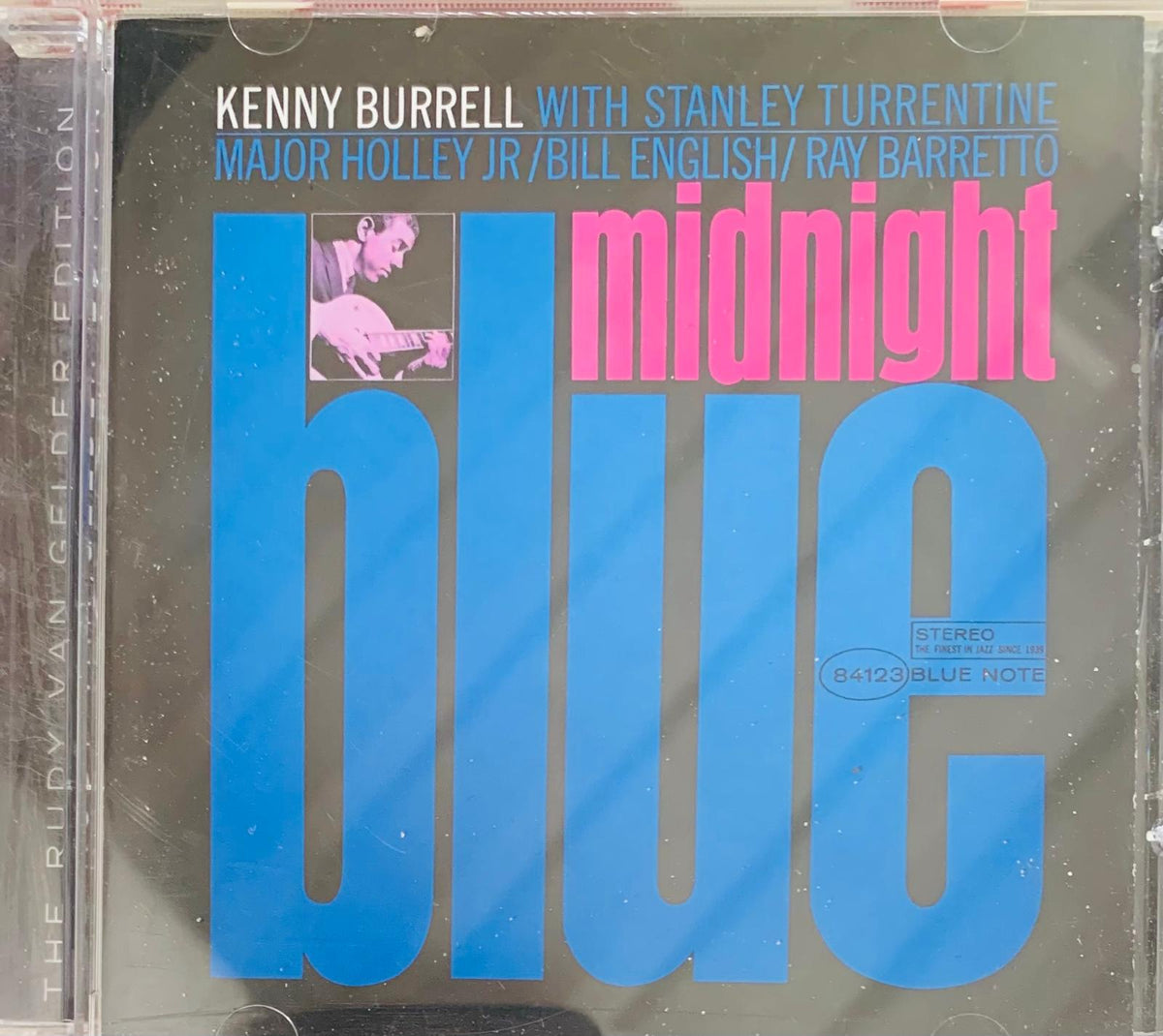 Kenny burrell midnight blue 1963 original cd featuring bold blue and pink typography with black and white guitar photo