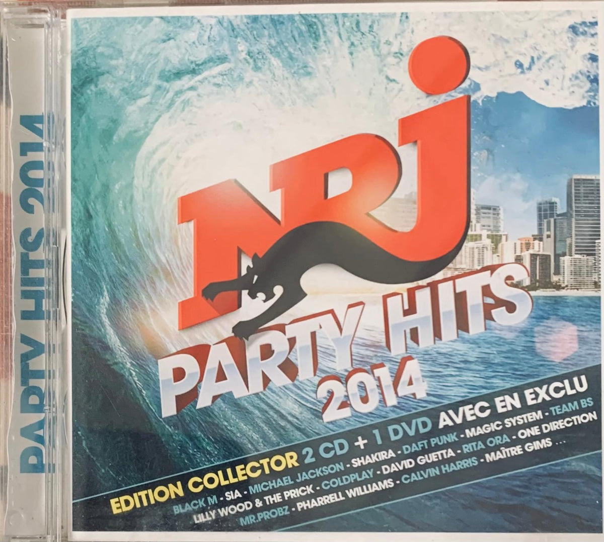 The cd case for various artists nrj party hits 2014 collector edition features an orange and black logo with bold white text on a wave background