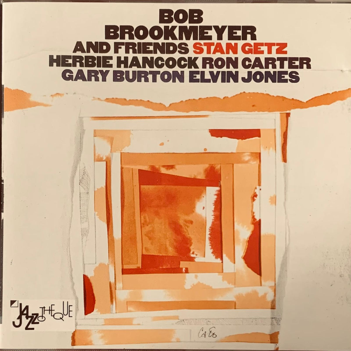 Orange and white abstract collage album cover for Bob Brookmeyer and Friends featuring artists Stan Getz Herbie Hancock and more