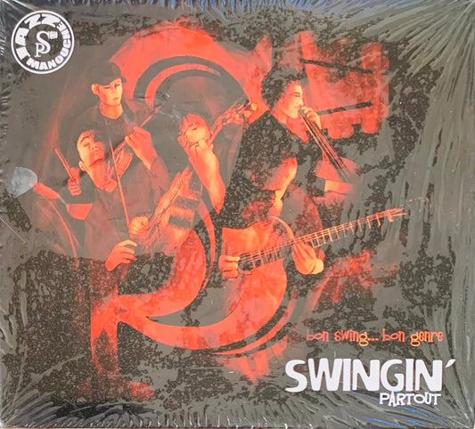Red and black illustrated vinyl record album cover featuring a band playing jazz instruments for swingin partout cd