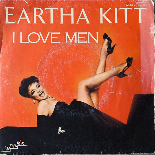 Eartha Kitt i love men 1984 original vinyl record album cover with vibrant orange background and artist in black dress