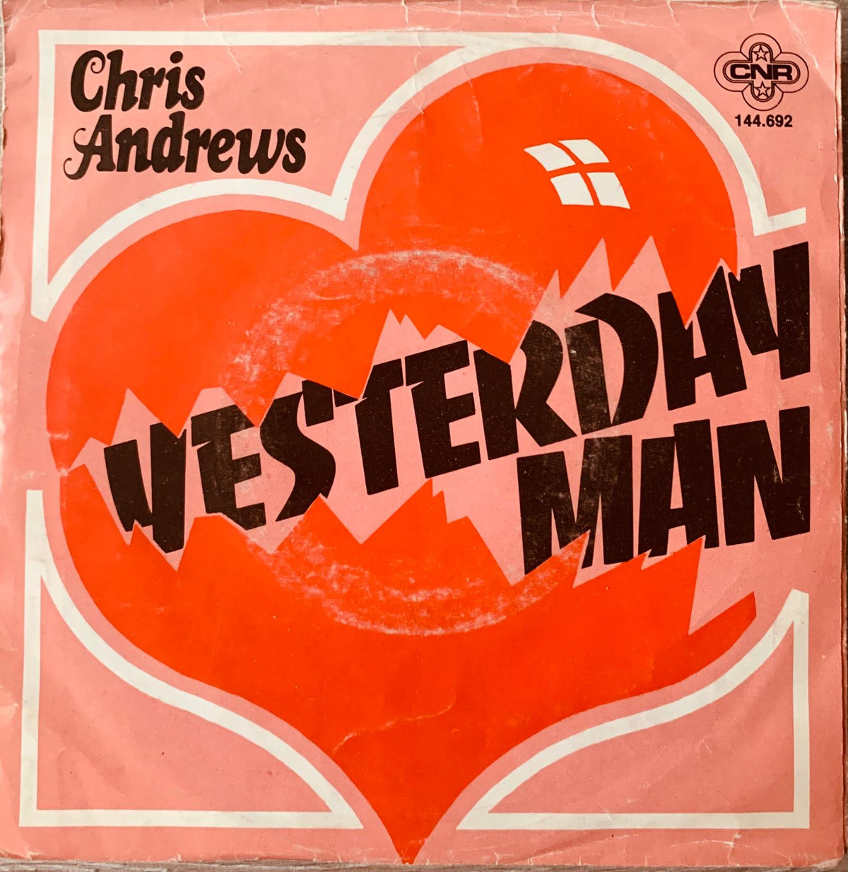 Pink vinyl record sleeve with bold orange heart and black stylized lettering for chris andrews yesterday man 1965