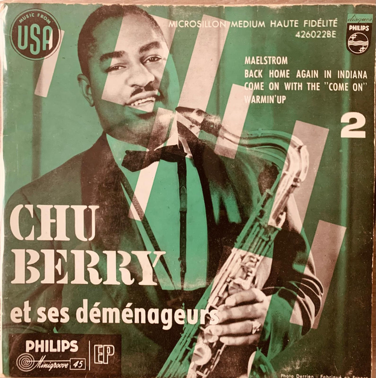 Vintage green and white vinyl album cover featuring Chu Berry playing saxophone for Chu Berry et ses Déménageurs Maelstrom
