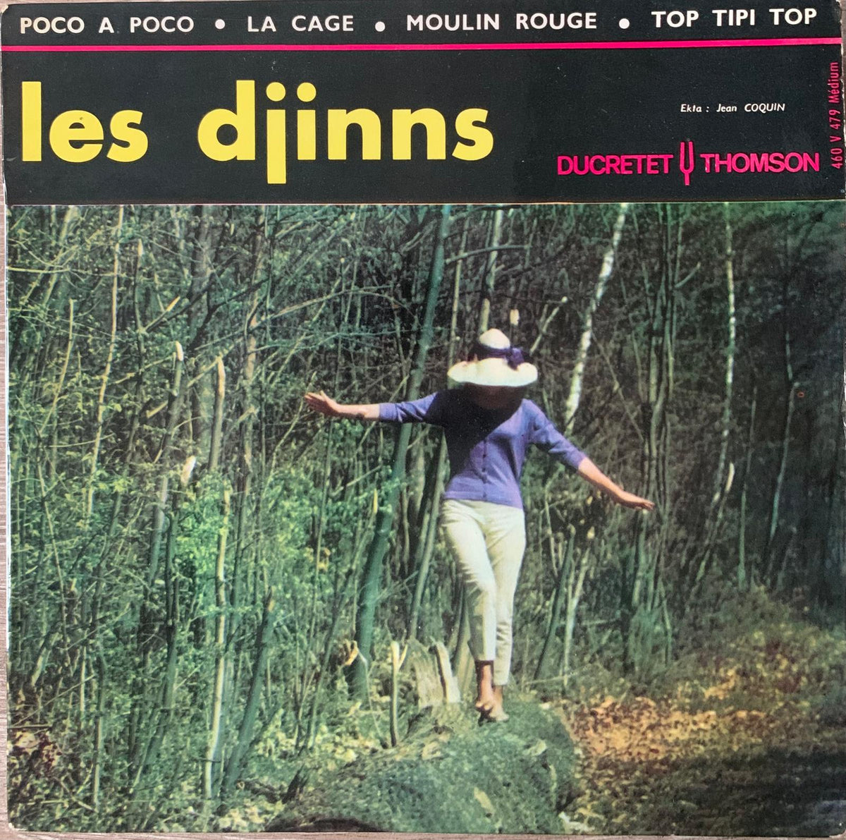 The album cover for Les Djinns by Les Djinns shows a woman in a wide-brimmed hat and purple top walking through green bamboo