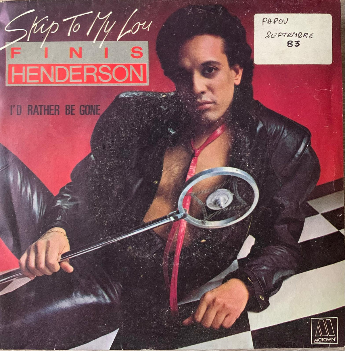 Finis Henderson skip to my lou 1983 original vinyl record cover with black leather jacket and red tie on checkered floor