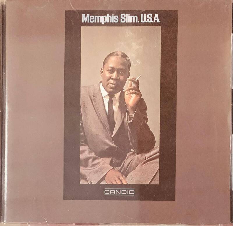 Brown cd album cover with sepia portrait of memphis slim in a suit holding a cigarette titled memphis slim usa from candid