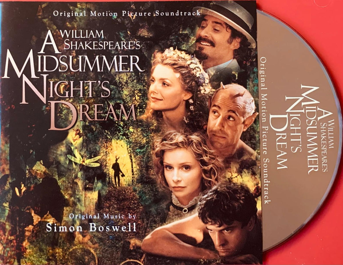 The original cd soundtrack for william shakespeares a midsummer nights dream features a brown disc with silver text and artwork