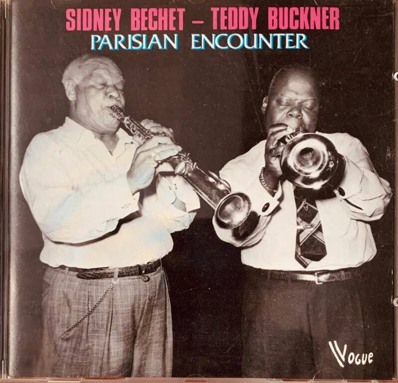 Black and white album cover of Sidney Bechet and Teddy Buckner playing brass instruments for a CD product