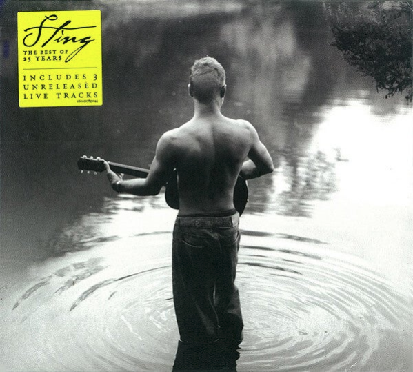 Black-and-white cd album cover of the sting original motion picture soundtrack featuring a man holding acoustic guitar in water with yellow sing label