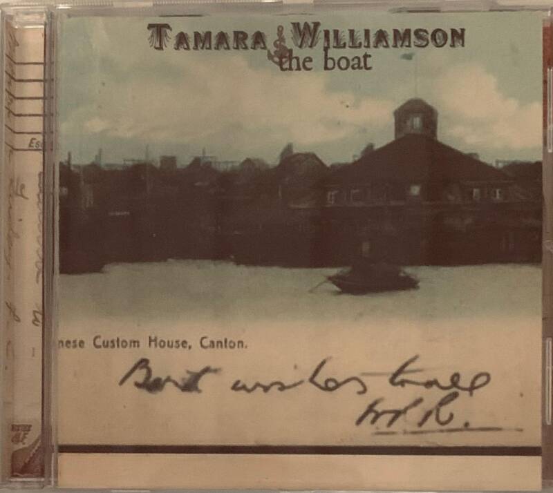 Cd case for tamara williamson the boat album featuring sepia illustration of boat on water with buildings and handwritten text