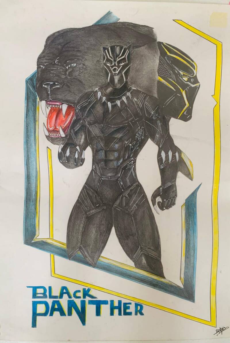 Original drawing black panther marvel 59x42cm featuring black armored figure with white facial markings and panther form background