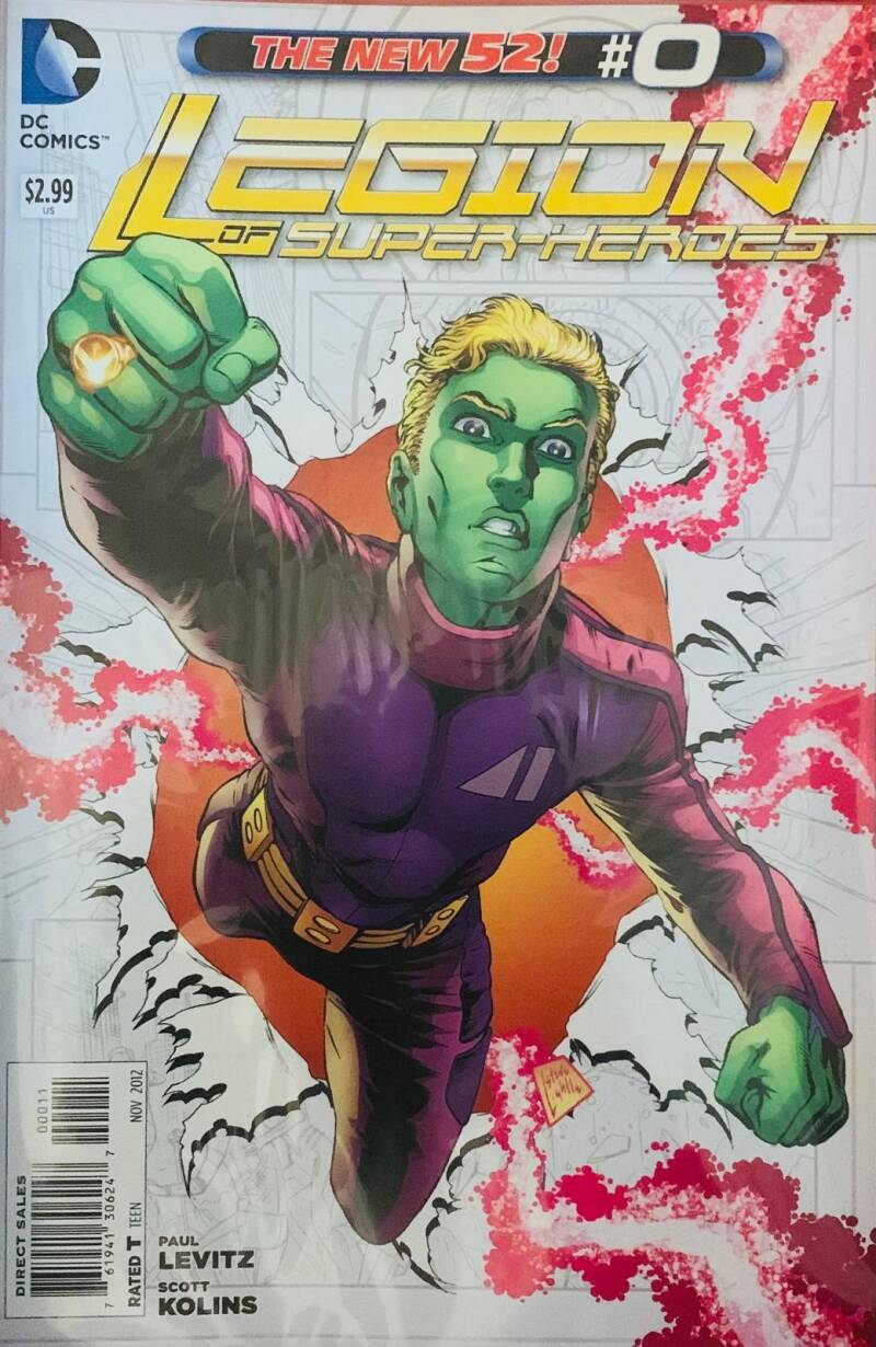 Cover of dc comics legion of super-heroes #0 comic book featuring a green-skinned hero in purple pink suit with gold accents